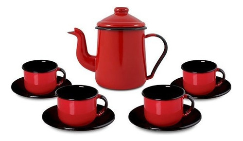 Conjunto Café Esmaltado C/ 9 Peças Qualidade Ewel Cor Vermelho