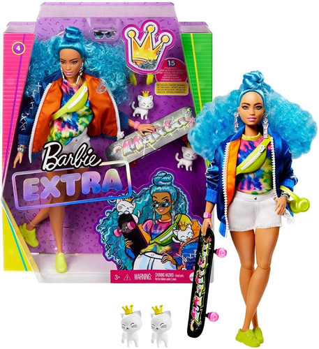 Barbie Extra Cabello Azul Ondulado Con Monopatín Y Gatitos