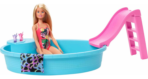 Piscina Barbie Con Tobogán, Muñeca Y Accesorios 