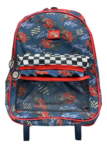 Mochila Escolar Rodinha E Costa Moto Racing Azul/cinza Yins Cor Azul