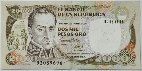 Billete 2000 Pesos 02/mar/1992 Colombia Au