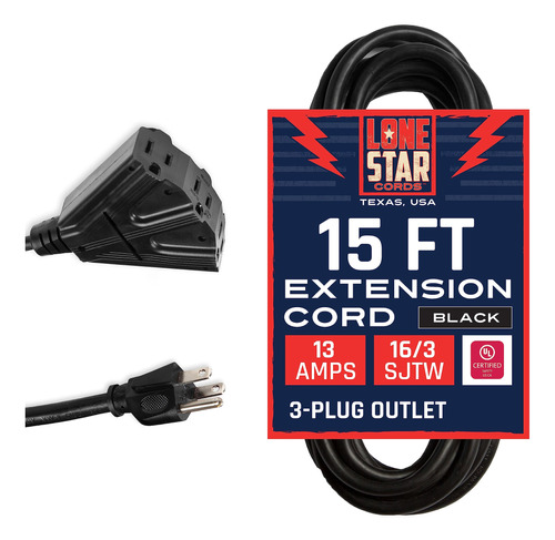 Lone Star - Cable De Extension Negro De 15 Pies Con 3 Tomas,