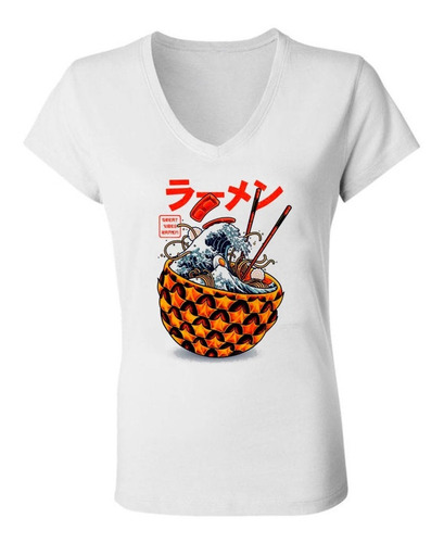 Remera Mujer Escote V Spun - Aesthetic Great Vibes Ramen