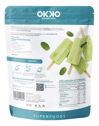 Matcha Organico En Polvo Okko 454g Sin Azúcar Ni Lactosa