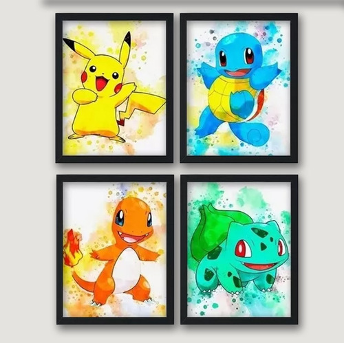 4 Cuadros + 4 Posters Pokemon Madera Vidrio Pikachu Squirtle