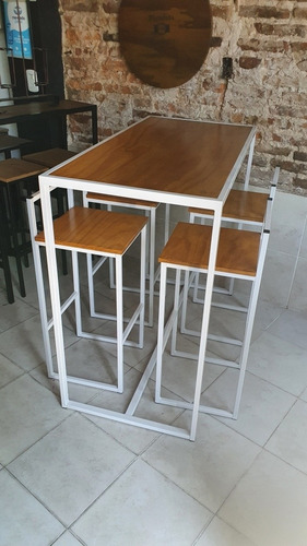 Mesa Desayuno Barra 120x60 + 4 Taburetes Industrial Madera