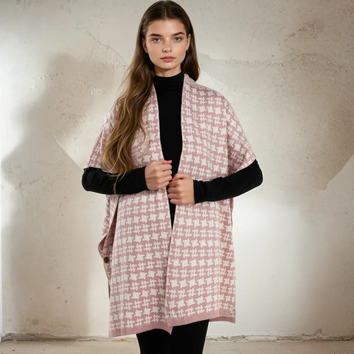Poncho Capa Chal Tejido Stretch Pata De Gallo Elegante Maxi