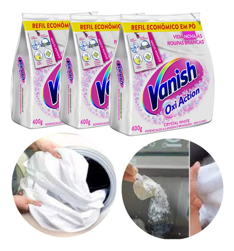 Kit 3 Tira Manchas 400g Pó Vanish Crystal White Branqueador