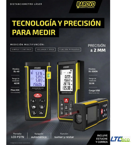 Imagen 3 de 10 de Medidor De Distancia Metro Laser 50 Metros Barovo Recargable