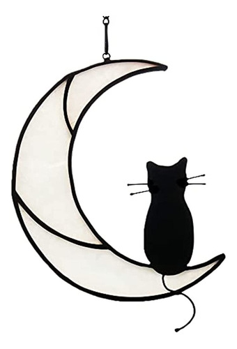 Haosum Gato Negro Sobre Luna Blanca Vidrieras Para Colgar En