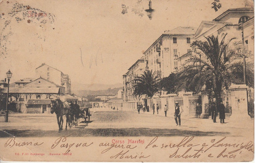 Antigua Postal Corso Mazzini Savona Italia Carro Con Caballo