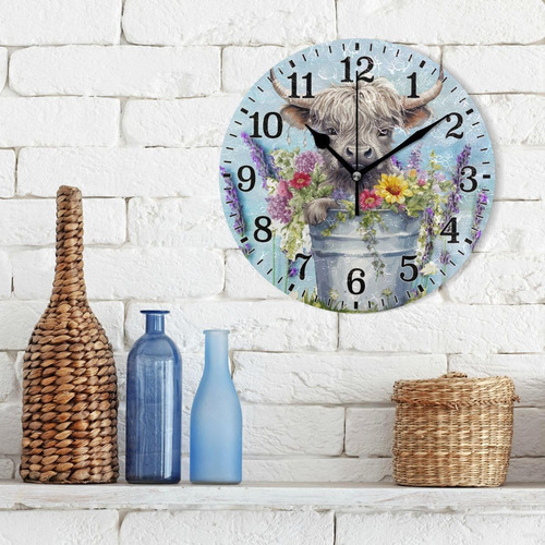 Reloj Lindo De Vaca De Las Tierras Altas Con Girasoles Reloj
