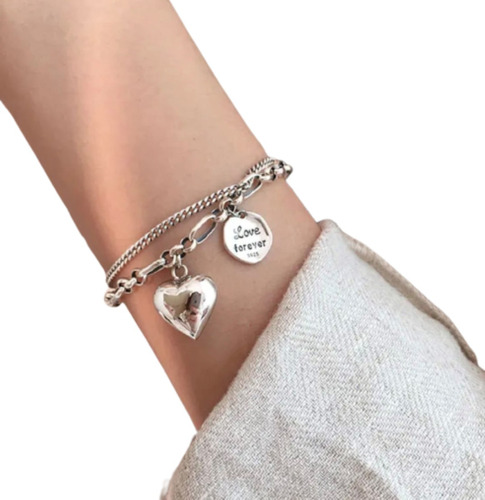 Pulsera Doble Capa Colgante Corazón De Moda Plata Ley 925