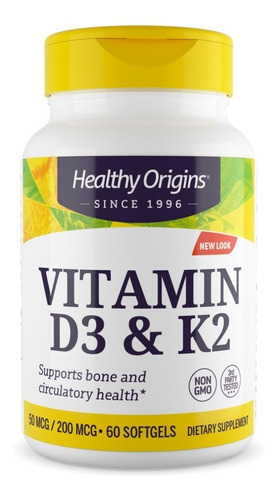 Vitamina D3 2000 Iu & K2 200 Mcg 60 Softgels Healthy Origins