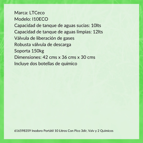 Imagen 4 de 7 de Inodoro Portátil 10 Litros Con Pico 3dir, Valv Y 2 Químicos