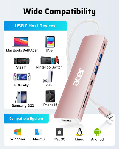 Hub Usb Acer, Adaptador Multipuerto Usb C A Hdmi 7 En 1, 2 P