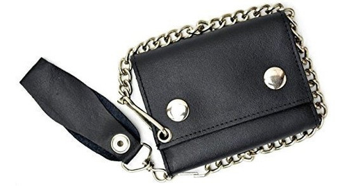 Cartera Triple Negra De Cuero Genuino Para Hombre Con Cadena