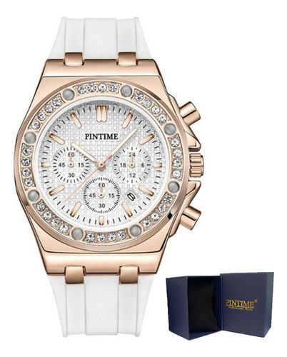Reloj de pulsera Pintime 1058 de cuerpo color rose, analógico, para mujer, con correa de silicona color white rose white y hebilla simple