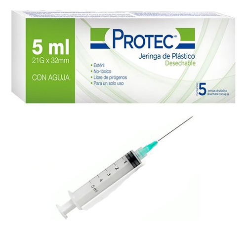 Jeringa HiPodérmica 5ml 21gx32mm Protec 10 Cajas C/5pzas C/u Capacidad En Volumen 5 Ml