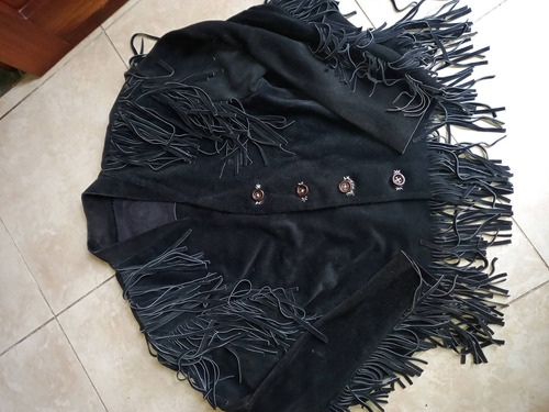 Campera Negra C/ Flecos De Gamuza(verdadera) 100% T: M Mujer