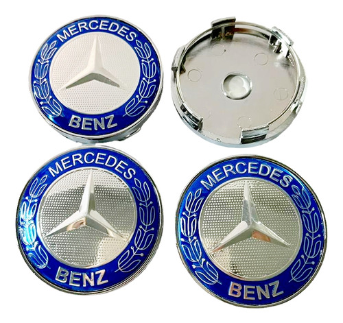 Pack4 Tapa Mercedes Benz 60mm Azul Plata Centro Rueda Llanta