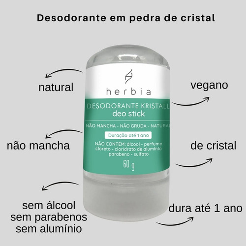 Desodorante Krystall Natural Vegan Herbia 60g Dura Até 1 Ano Fragrância Sem fragrância