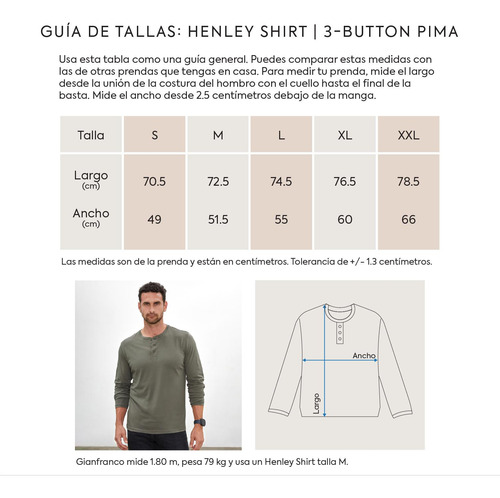 Polo Henley 100% Algodón Pima Cuello Con Botones Manga Larga