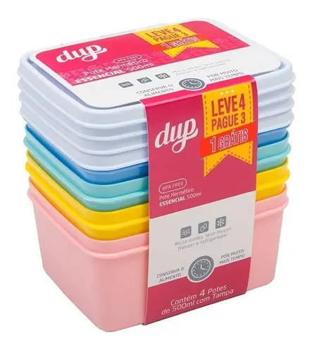 Jogo Potes Herméticos Essencial Dup Freezer Microondas 500ml Cor Rosa, Verde, Amarelo, Azul