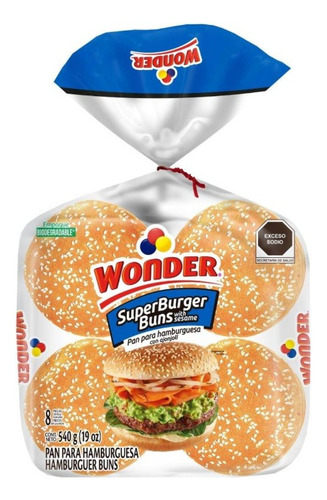 Pan Para Hamburguesa Wonder Superbollos Con Ajonjolí 8 Pzas