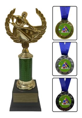 Troféu Para Torneio De Bilhar / Sinuca + 3 Medalhas