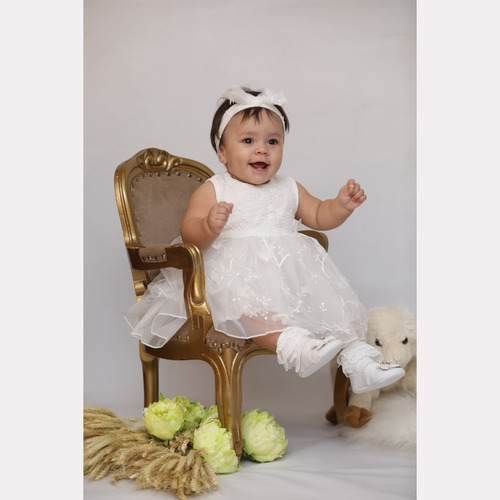 Imagem 3 de 8 de Vestido Bebê Ou Rn Batizado Batismo Renda Branca Com Tiara