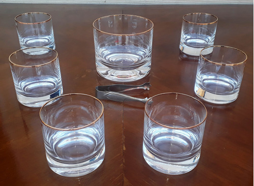 Set De 6 Vasos Whisky + Hielera Cristal Borde Dorado Vintage