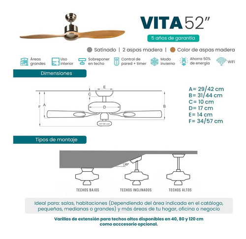Ventilador Vita Dos Aspas Minimalista Madera Satin Masterfan