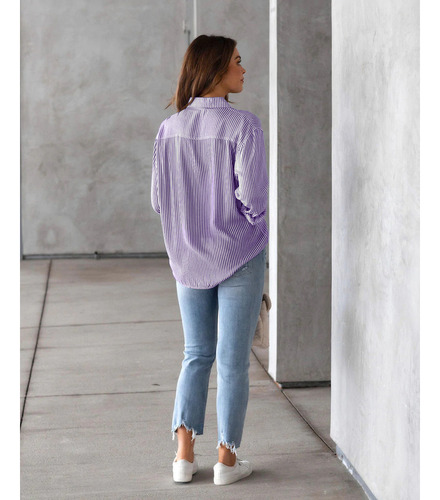 Camisa De Manga Larga Informal Holgada Con Top A Rayas Mujer