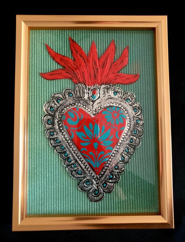 Corazón Mexicano Hecho Y Pintado A Mano, Con Marco Dorado