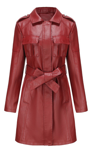 Gabardina De Cuero Con Cinturón Para Mujer Abrigo Largo