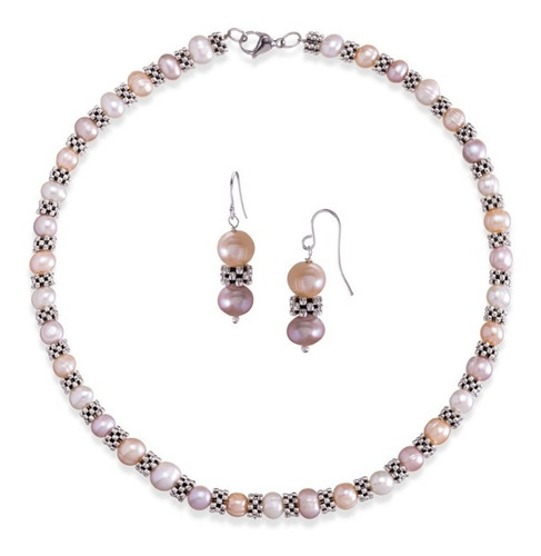 Set Collar Y Aretes Perlas Cultivadas 7mm 3 Color Plata .925 Color Blanco