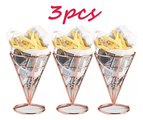 Oro Rosa Cono Soporte Papas Fritas Rejilla Acero Snack 3pcs