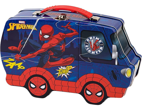 Spider-man Van Shaped Tin Carry All With Handle Lock And Cla