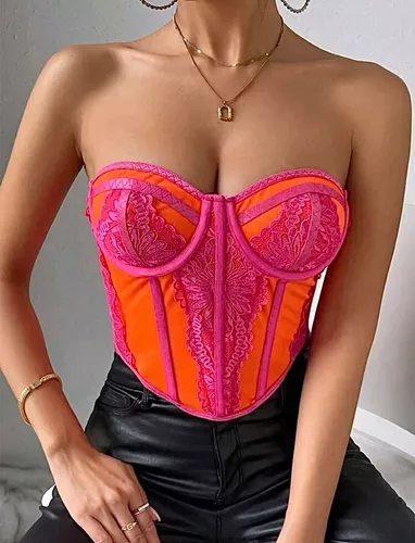 Corset Bustier Top Strapless Importado Shein Naranja Rosa