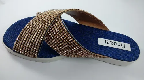 Chinelo Tamanco Firezzi Com Strass Cor Jeans Azul Macia