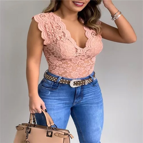 Blusa Top De Encaje Transparente Para Mujer Cuello V