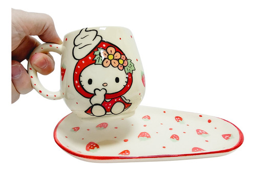 Taza Y Plato Hello Kitty Diseño Frutillas Pintadas A Mano 