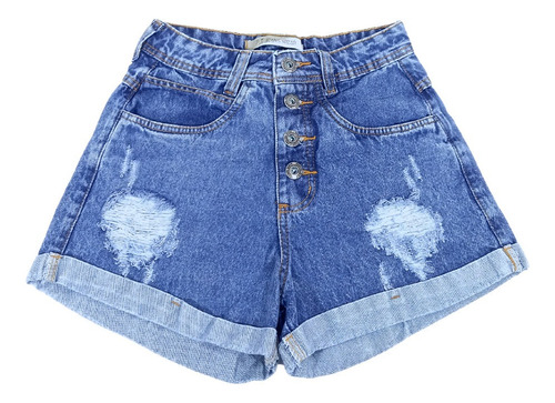 Imagem 1 de 5 de Short Jeans Feminino Destroyed 100% Jeans Barra Dobrada