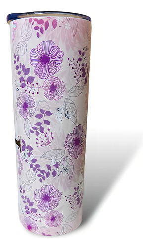 Termo De 600 Ml, Flores Vintage, Personalizado Con Nombre Color Rosa Claro