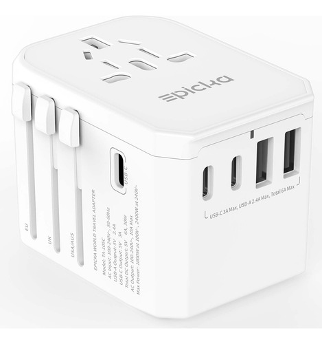 Adaptador de viaje universal Epicka blanco con 3 puertos USB-C y 2 puertos USB-A, compatible con EE. UU., UE, Reino Unido y Australia.