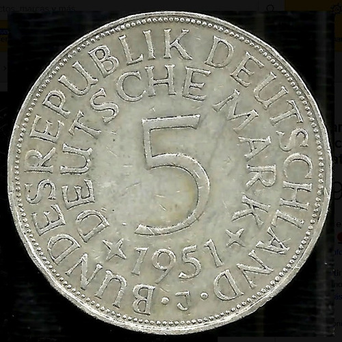 Alemania 1951 J 5 Deutsche Mark Moneda De Plata Hamburgo