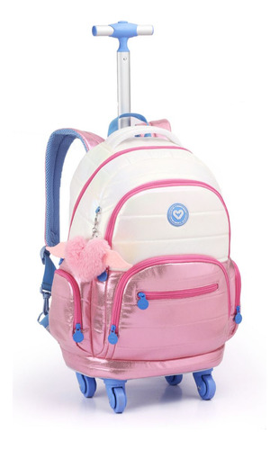 Mochila Rodinha Juvenil 360º Chaveiro Asas Meninas Escolar Cor Branco