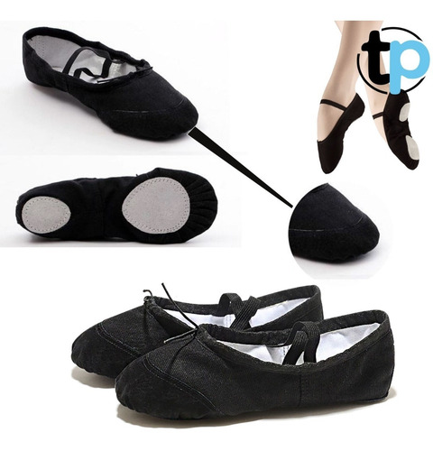Zapatilla Ballet Lona Puntera Cuero Negra Danza Tuproductouy