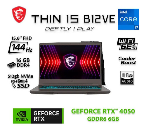 Notebook Core i7-12650H Msi B12ve 16 512 15.6 Rtx 4050 6gb W11 Color Gris Oscuro